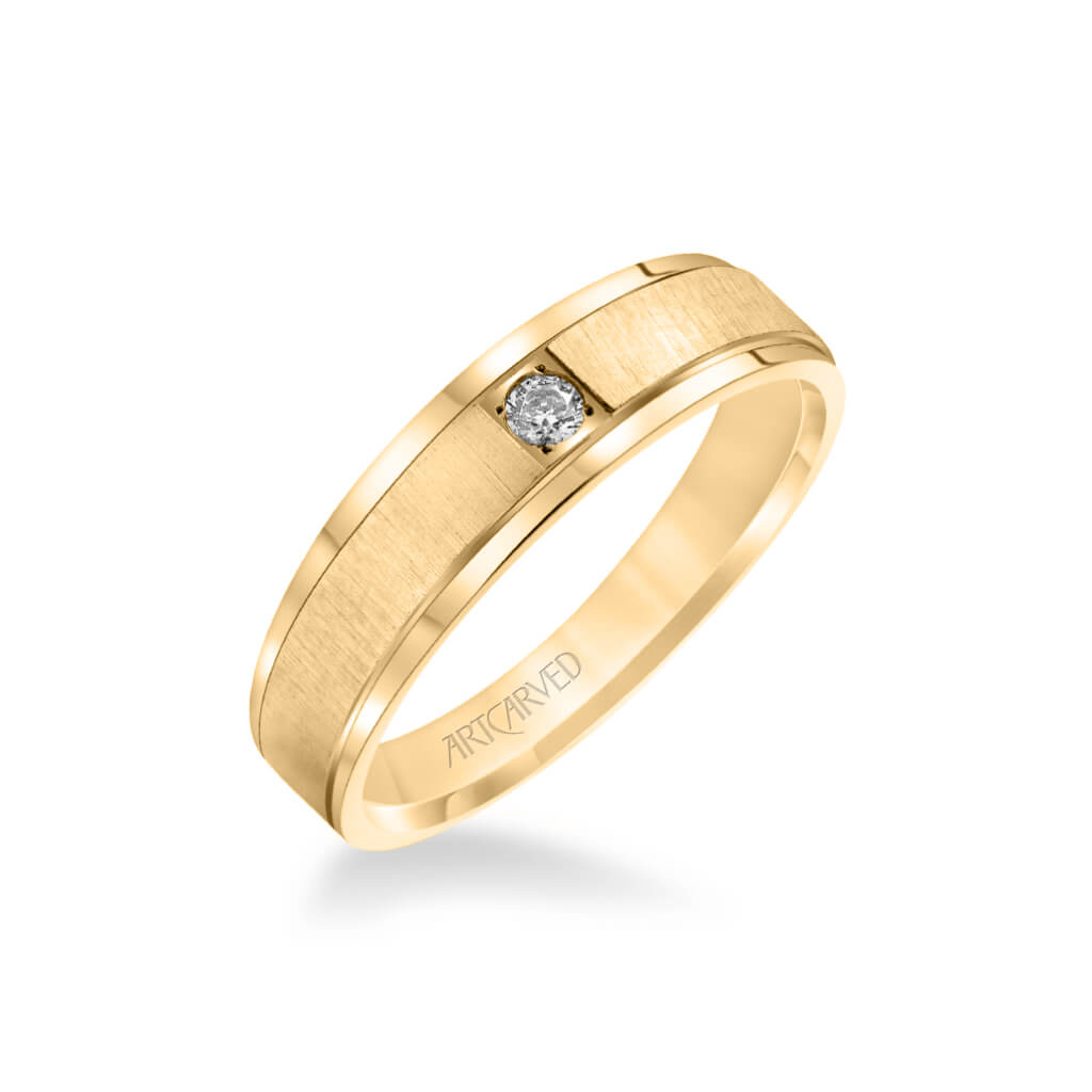 6MM Men's Classic Single Stone Diamond Wedding Band - Vertical Brush Finish and Rolled Edge
