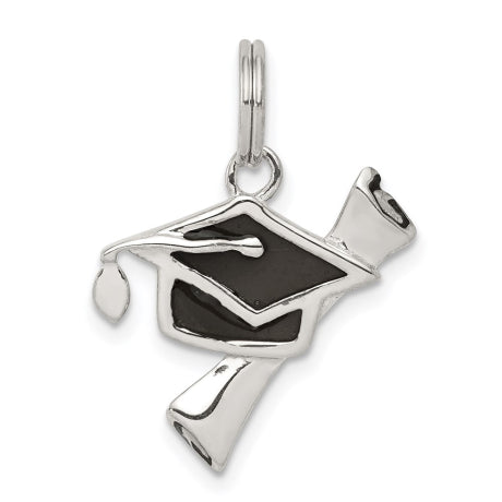Sterling Silver Black Enameled Graduation Cap & Diploma Charm