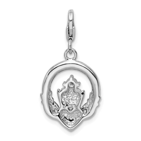 Amore La Vita Sterling Silver Rhodium-plated Polished Clear CZ Claddagh Charm with Fancy Lobster Clasp