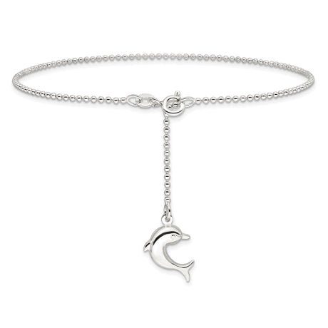 Sterling Silver 9in Plus 1in Ext Polished Dolphin Anklet