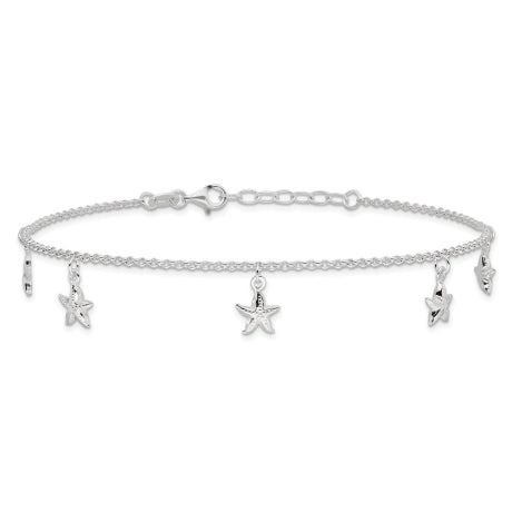 Sterling Silver Starfish Dangles 9 inch Plus 1 inch Ext. Anklet