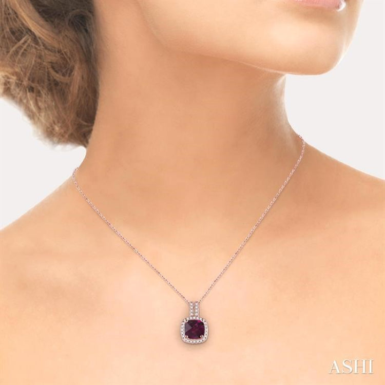 7x7 MM Cushion Cut Rhodolite Garnet and 1/5 Ctw Round Cut Diamond Pendant in 14K Rose Gold with Chain