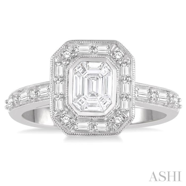 5/8 Ctw Fusion Emerald Cut, Baguette & Round Cut Diamond Ring in 14K White Gold