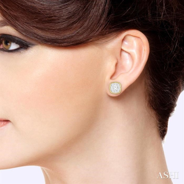 1/3 ctw Cushion Shape Round Cut Diamond Lovebright Bezel Stud Earring in 14K Yellow and White Gold
