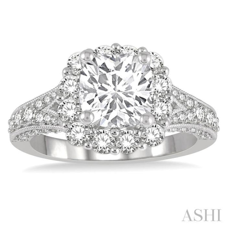 1 1/10 ctw Split Shank Cushion Shape Semi-Mount Round Cut Diamond Ring in 14K White Gold