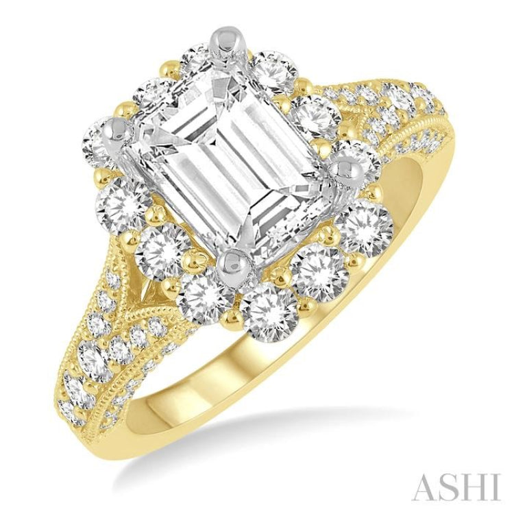 1 1/6 ctw Split Shank Emerald Semi Mount Round Cut Diamond Ring in 14K Yellow and White Gold