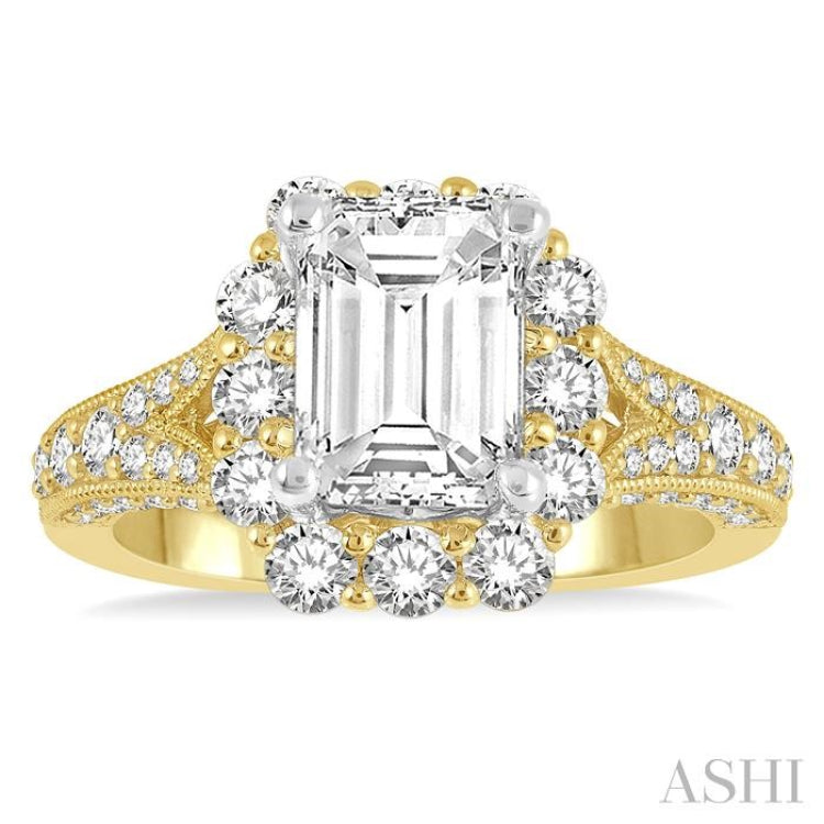 1 1/6 ctw Split Shank Emerald Semi Mount Round Cut Diamond Ring in 14K Yellow and White Gold