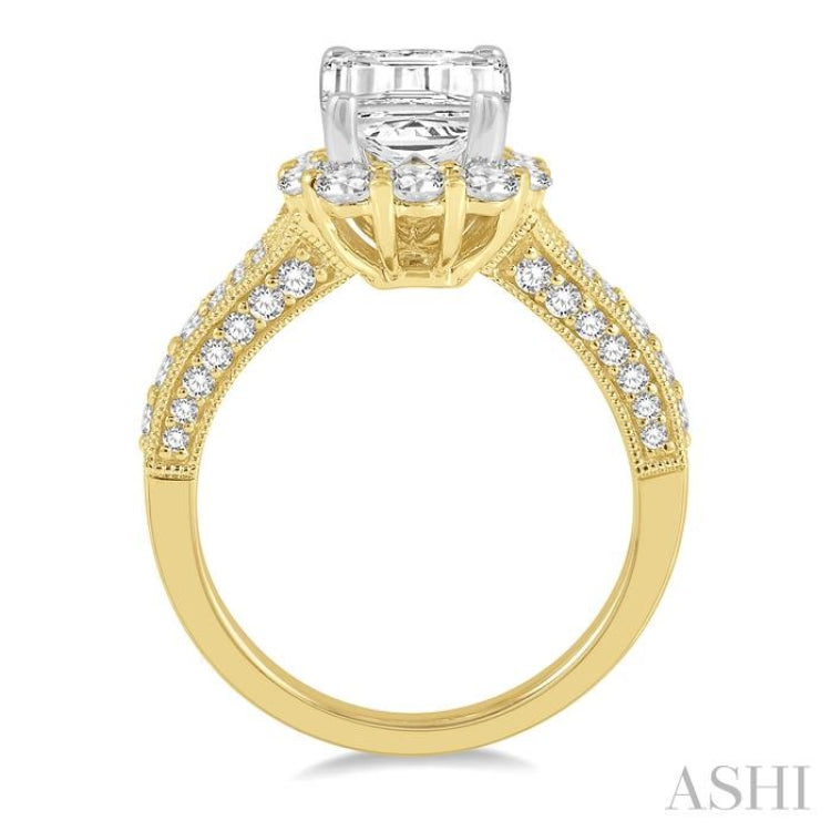 1 1/6 ctw Split Shank Emerald Semi Mount Round Cut Diamond Ring in 14K Yellow and White Gold