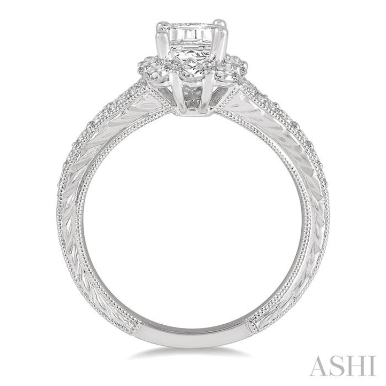 3/4 ctw Split Shank 6X4MM Emerald Semi Mount Round Cut Diamond Ring in 14K White Gold