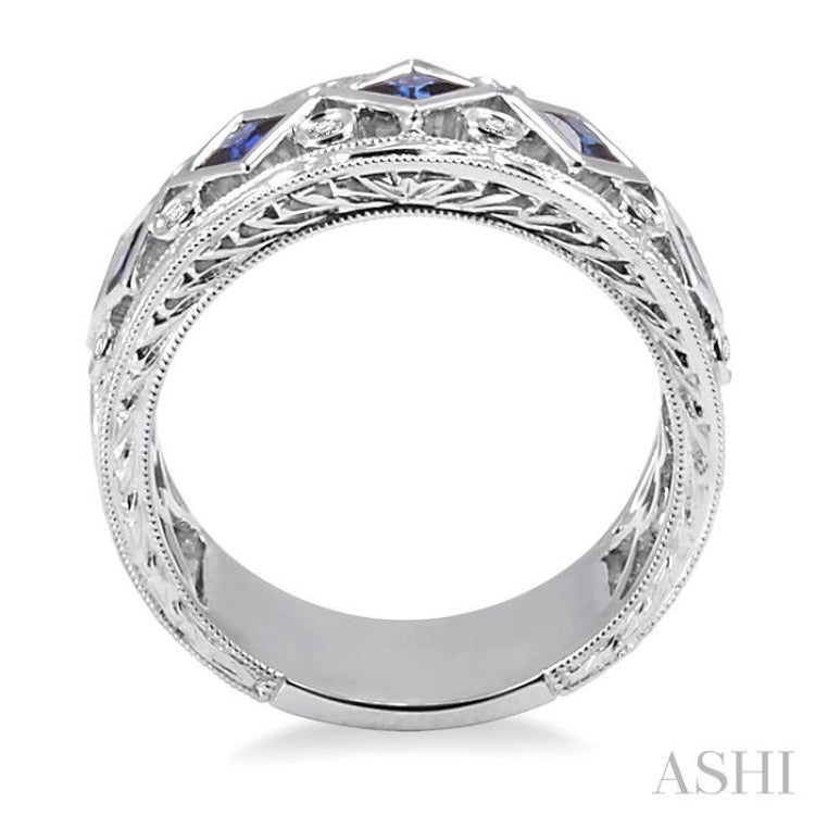 3x3MM Princess Cut Sapphire and 1/4 Ctw Round Cut Diamond Fashion Ring in 14K White Gold