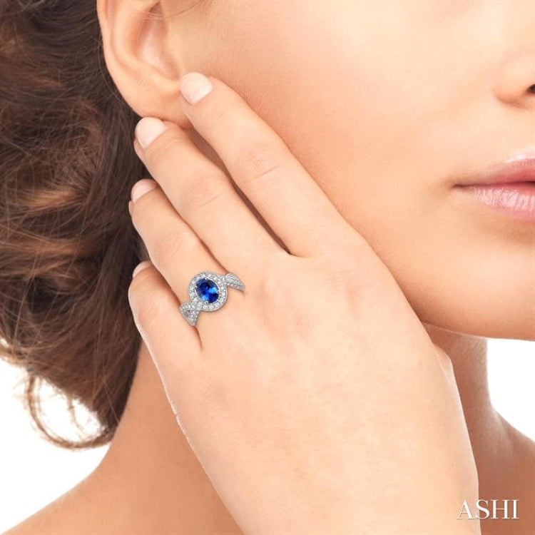 8x6mm Oval Cut Ceylon Sapphire and 3/4 Ctw Round Cut Diamond Ring in 14K White Gold