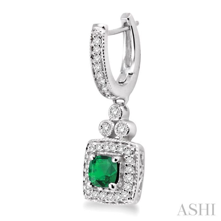 4x4 MM Cushion Cut Emerald and 1/3 Ctw Round Cut Diamond Earrings in 14K White Gold