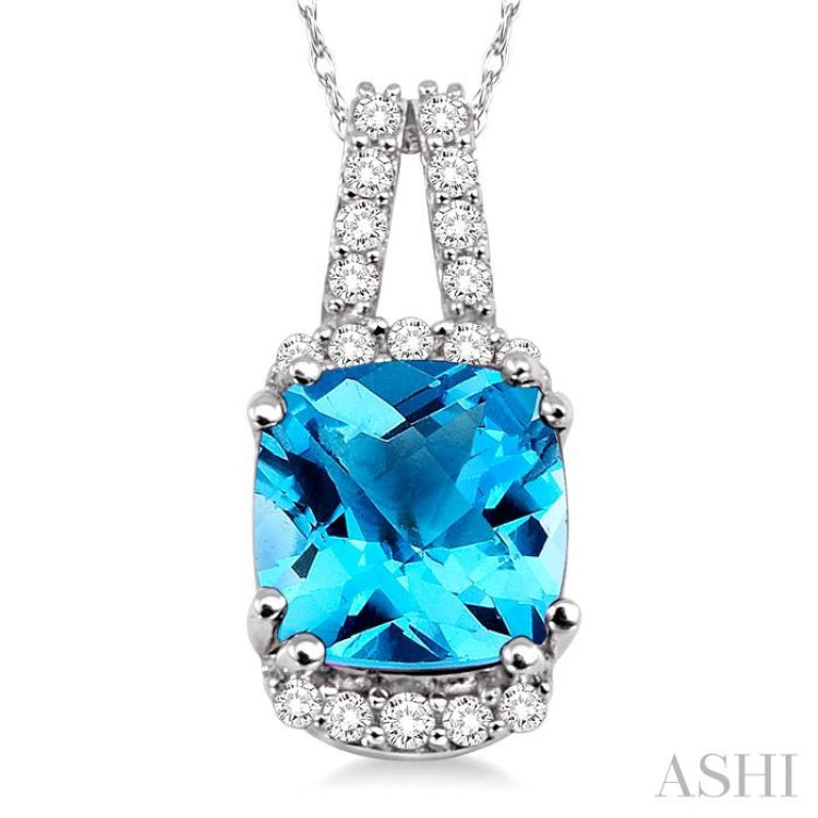 8x8 MM Cushion Cut Blue Topaz and 1/5 Ctw Round Cut Diamond Pendant in 14K White Gold with Chain