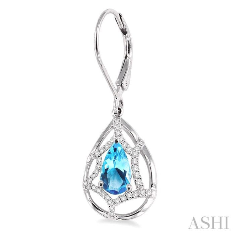 8x5mm Pear Shape Blue Topaz and 1/4 Ctw Round Cut Diamond Earrings in 14K White Gold