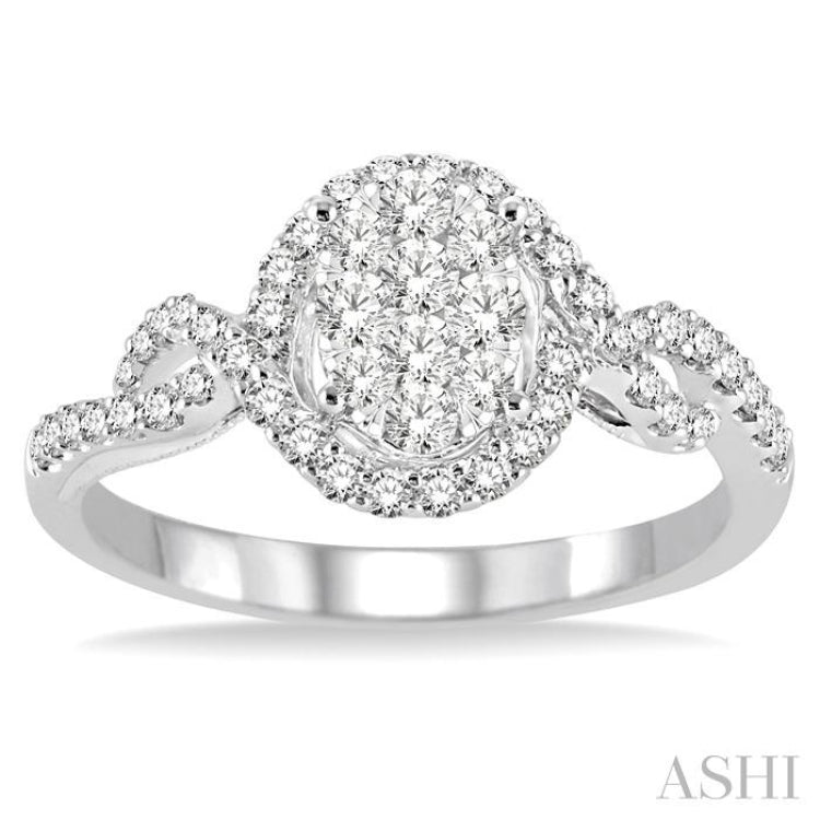 5/8 Ctw Oval Shape Round Cut Diamond Lovebright Ring in 14K White Gold