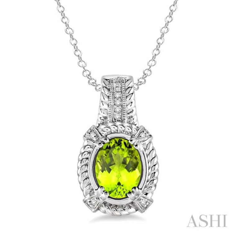 9x7 MM Oval Cut Peridot and 1/50 Ctw Single Cut Diamond Pendant in Sterling Silver with Chain