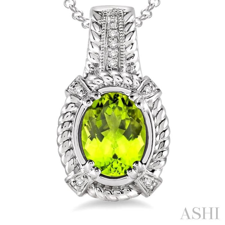 9x7 MM Oval Cut Peridot and 1/50 Ctw Single Cut Diamond Pendant in Sterling Silver with Chain