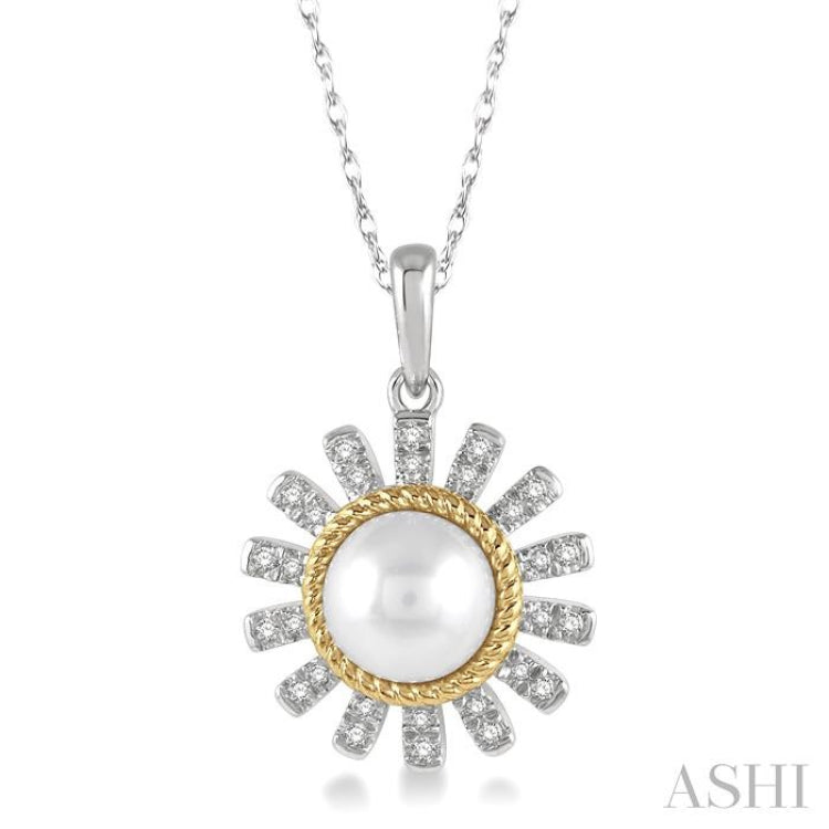1/8 Ctw Sunflower 7x7MM Cultured Pearl & Round Cut Diamond Pendant With Chain in 10K White and Yellow Gold
