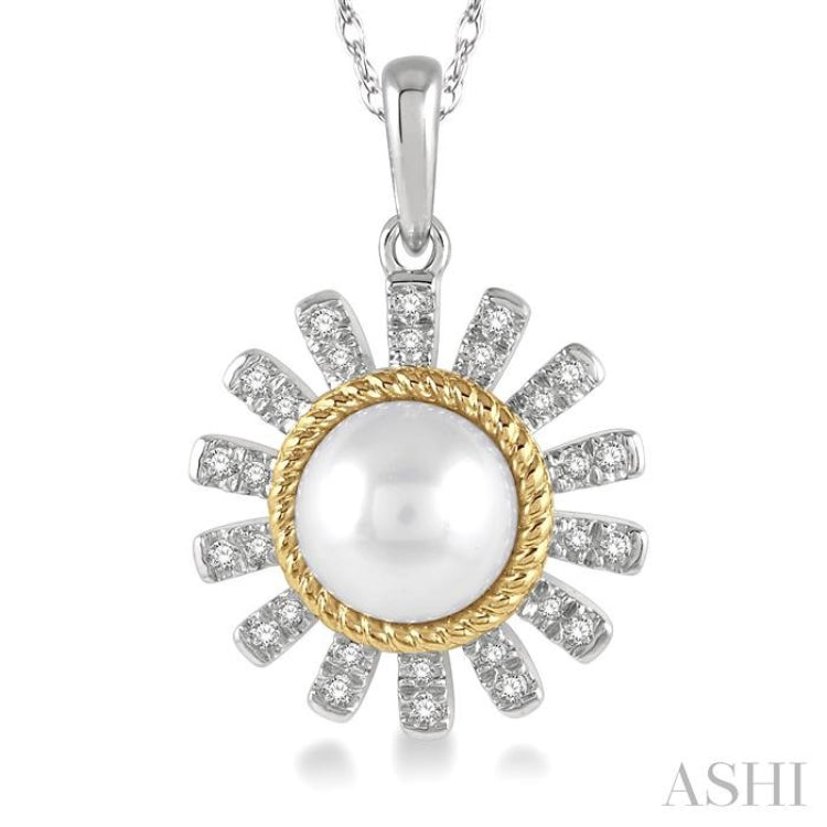 1/8 Ctw Sunflower 7x7MM Cultured Pearl & Round Cut Diamond Pendant With Chain in 10K White and Yellow Gold