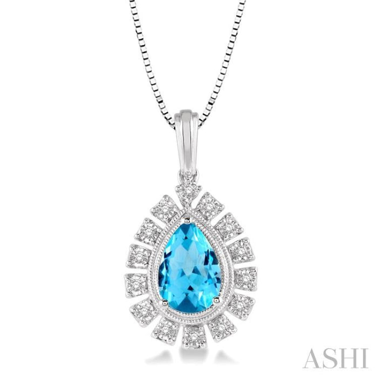1/10 Ctw Pear Shape 9x6mm Blue Topaz & Round Cut Diamond Semi Precious Pendant With Chain in 10K White Gold