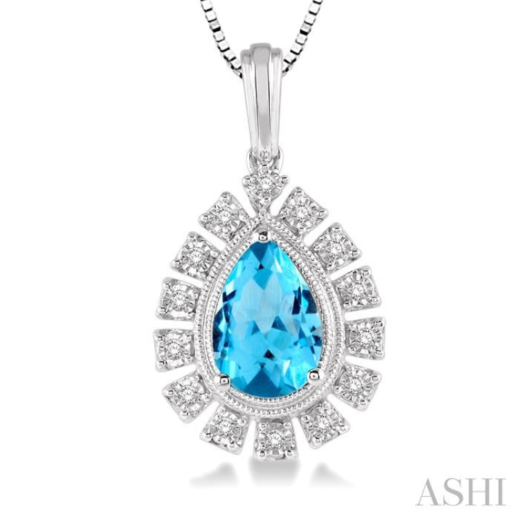 1/10 Ctw Pear Shape 9x6mm Blue Topaz & Round Cut Diamond Semi Precious Pendant With Chain in 10K White Gold