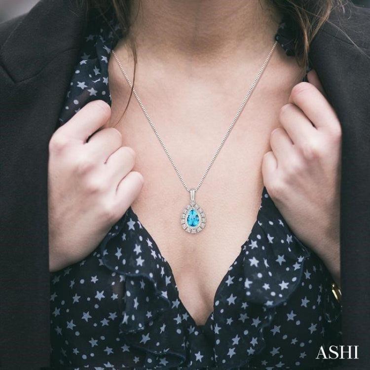 1/10 Ctw Pear Shape 9x6mm Blue Topaz & Round Cut Diamond Semi Precious Pendant With Chain in 10K White Gold