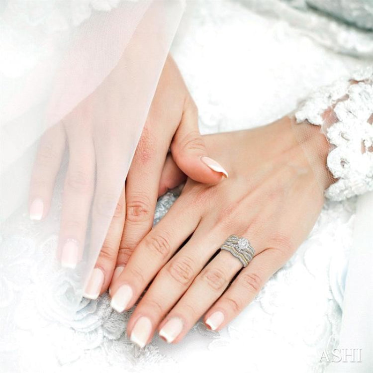 1 1/4 ctw Lovebright Round Cut Diamond Wedding Set With 1 ctw Round Split Shank Engagement Ring and 1/4 ctw Wedding Band in 14K White and Yellow Gold