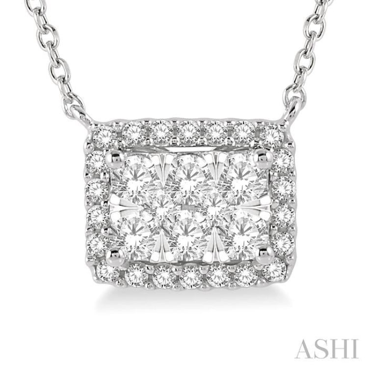 1/2 ctw Emerald Shape Round Cut Diamond Lovebright Necklace in 14K White Gold