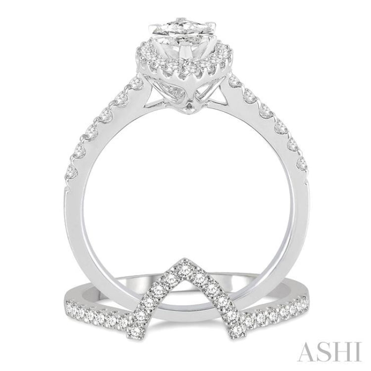 1 ctw Round Cut Diamond Wedding Set With 3/4 ctw Engagement Ring With 1/2 ctw Marquise Cut Center Stone and 1/5 ctw Wedding Band in 14K White Gold