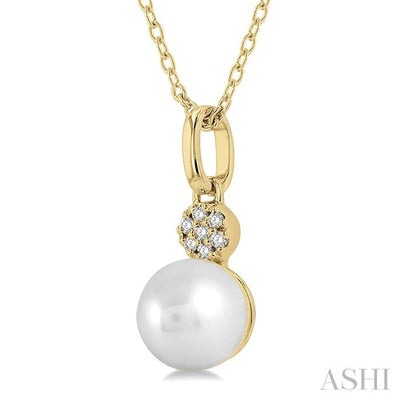 1/50 ctw Petite 6X6 MM Cultured Pearl and Round Cut Diamond Fashion Pendant With Chain in 10K Yellow Gold