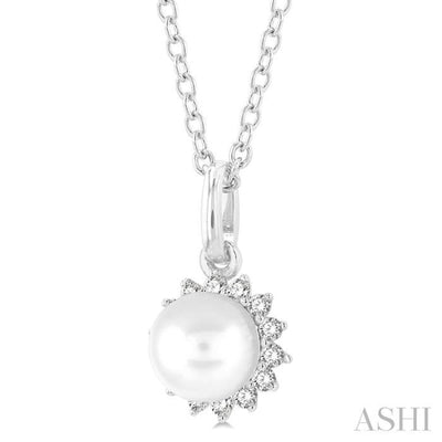 1/10 ctw Petite 6X6 MM Cultured Pearl and Round Cut Diamond Fashion Pendant With Chain in 10K White Gold