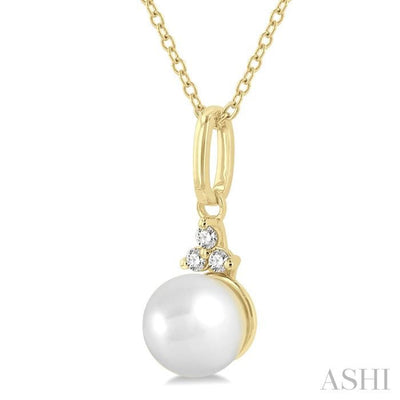 1/50 ctw Petite 6X6 MM Cultured Pearl and Round Cut Diamond Fashion Pendant With Chain in 10K Yellow Gold