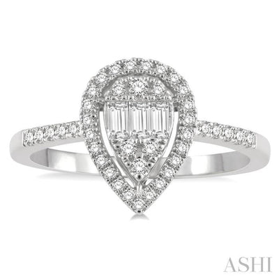 3/8 ctw Pear Shape Fusion Baguette and Round Cut Diamond Fashion Ring in 14K White Gold