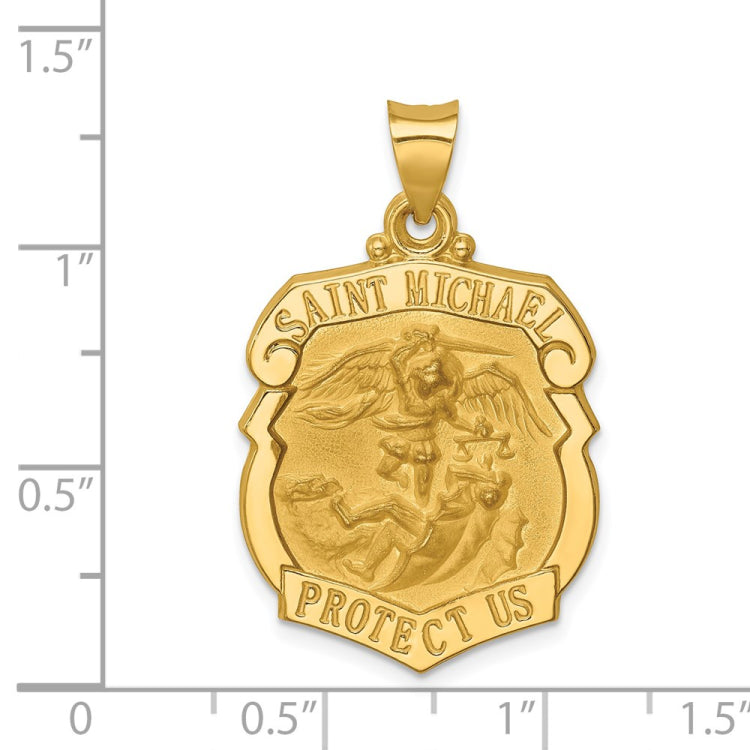 14k Polished and Satin St. Michael Badge Medal Hollow Pendant