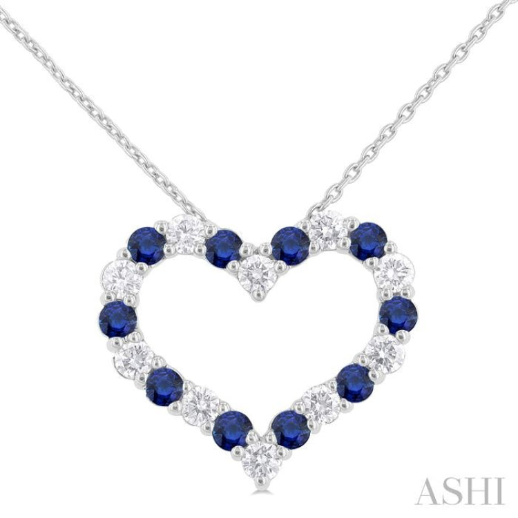 1/2 ctw Open Heart 2.3 MM Round Cut Sapphire and Round Cut Diamond Precious Fashion Pendant With Chain in 14K White Gold