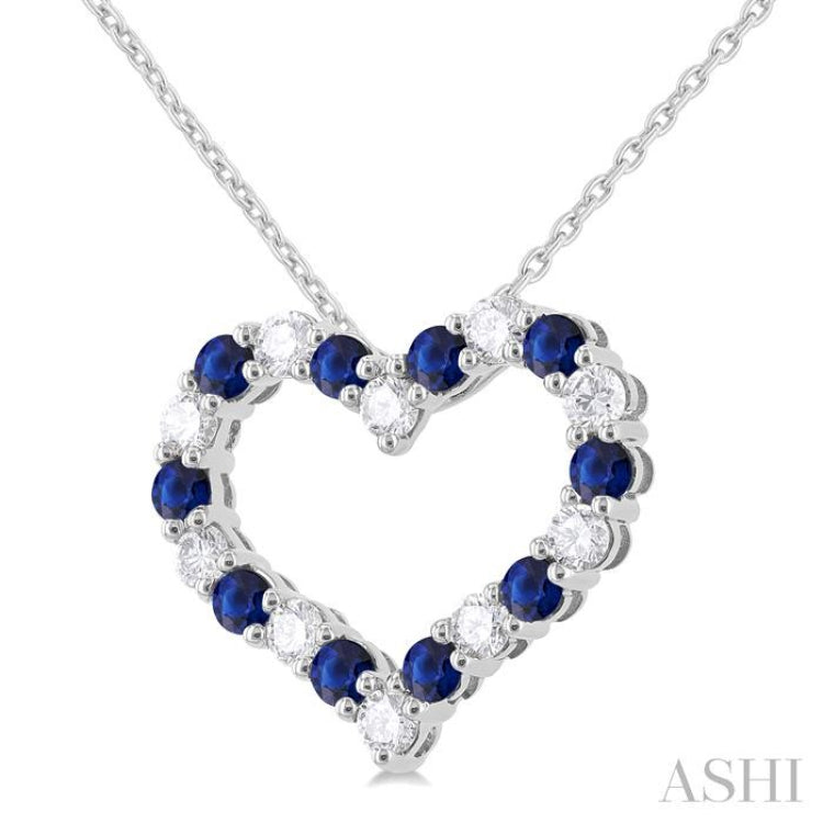 1/2 ctw Open Heart 2.3 MM Round Cut Sapphire and Round Cut Diamond Precious Fashion Pendant With Chain in 14K White Gold