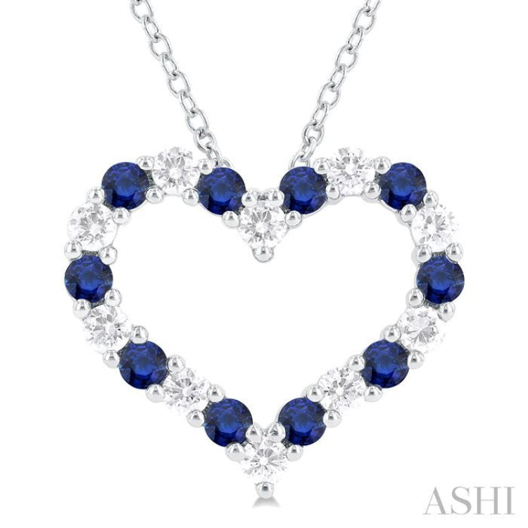 1/2 ctw Open Heart 2.3 MM Round Cut Sapphire and Round Cut Diamond Precious Fashion Pendant With Chain in 14K White Gold