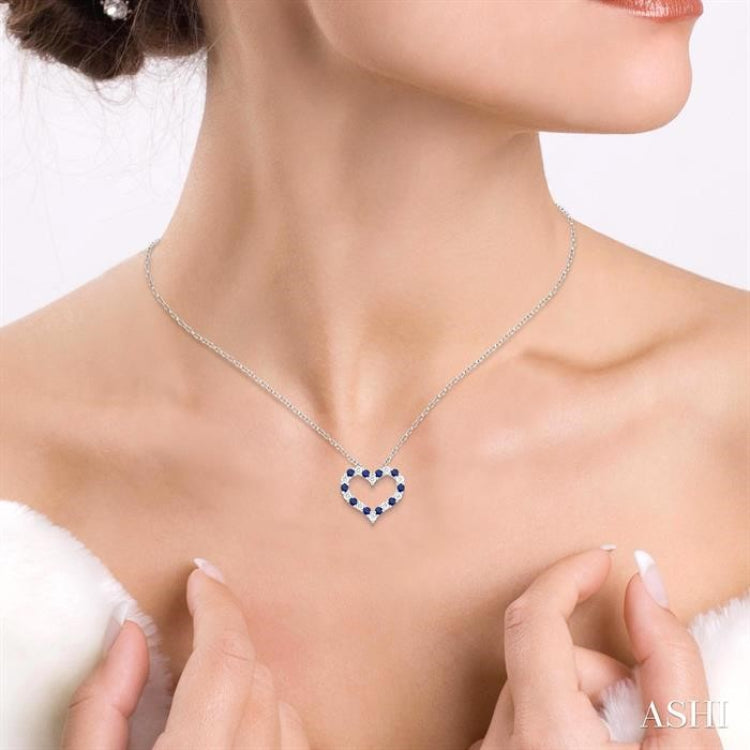 1/2 ctw Open Heart 2.3 MM Round Cut Sapphire and Round Cut Diamond Precious Fashion Pendant With Chain in 14K White Gold