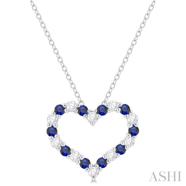 1/4 ctw Open Heart 1.80 MM Round Cut Sapphire and Round Cut Diamond Precious Fashion Pendant With Chain in 14K White Gold