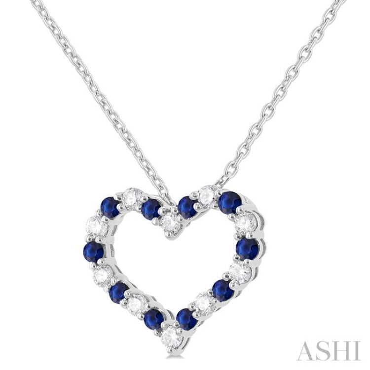 1/4 ctw Open Heart 1.80 MM Round Cut Sapphire and Round Cut Diamond Precious Fashion Pendant With Chain in 14K White Gold