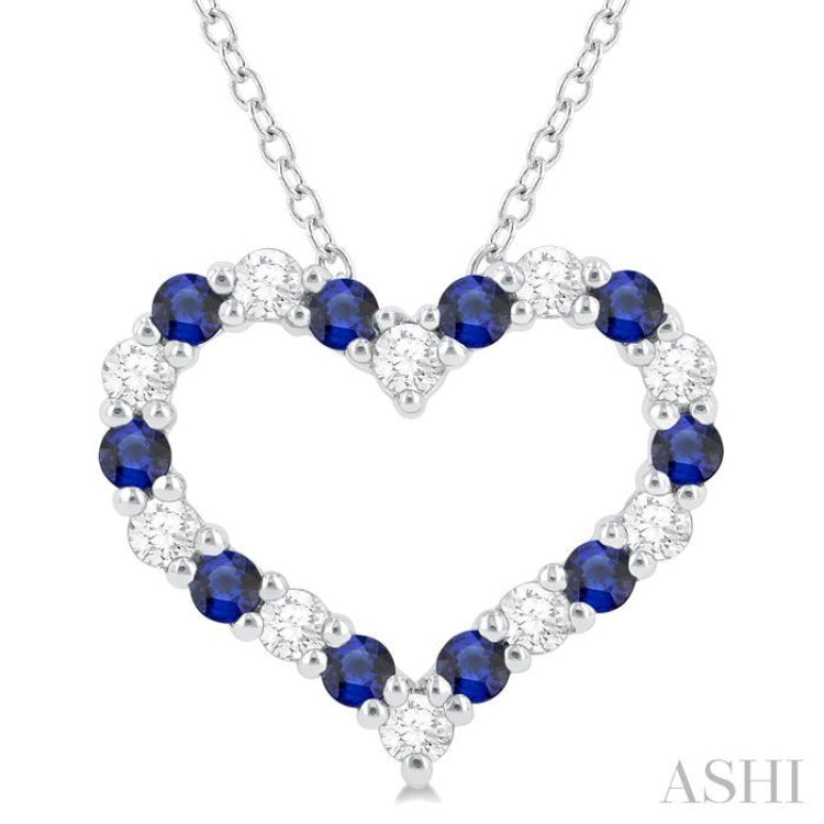 1/4 ctw Open Heart 1.80 MM Round Cut Sapphire and Round Cut Diamond Precious Fashion Pendant With Chain in 14K White Gold