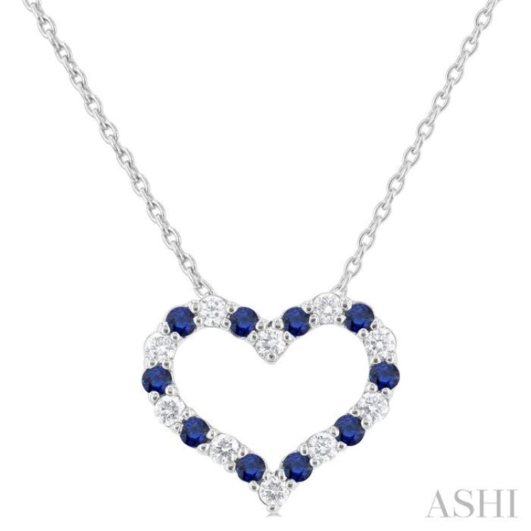 1/8 ctw Open Heart 1.4 MM Round Cut Sapphire and Round Cut Diamond Precious Fashion Pendant With Chain in 14K White Gold