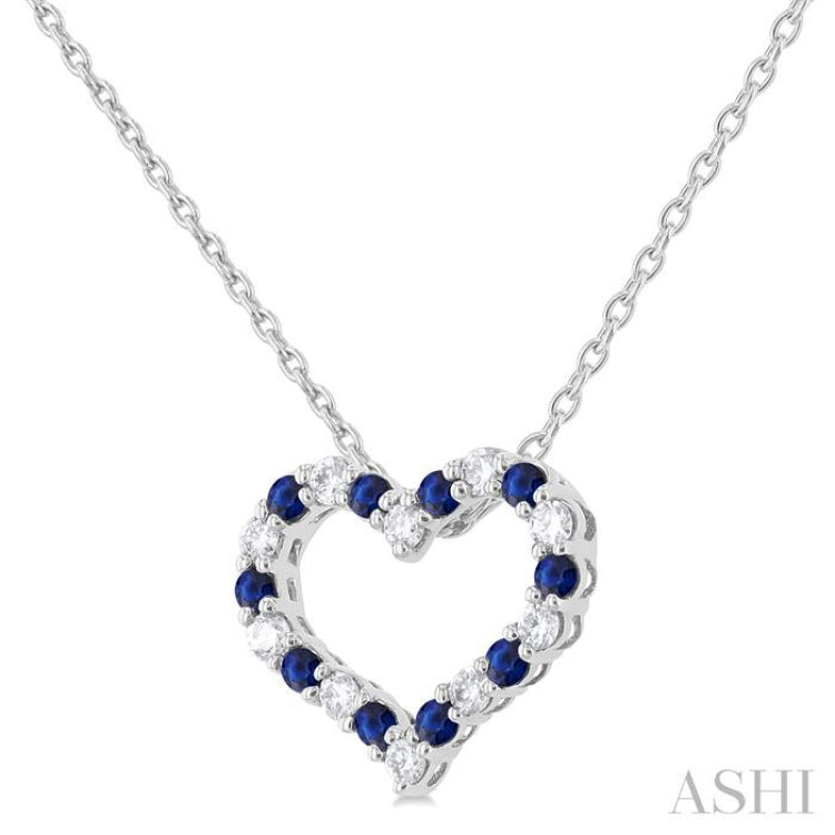 1/8 ctw Open Heart 1.4 MM Round Cut Sapphire and Round Cut Diamond Precious Fashion Pendant With Chain in 14K White Gold
