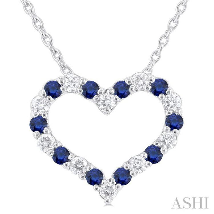 1/8 ctw Open Heart 1.4 MM Round Cut Sapphire and Round Cut Diamond Precious Fashion Pendant With Chain in 14K White Gold