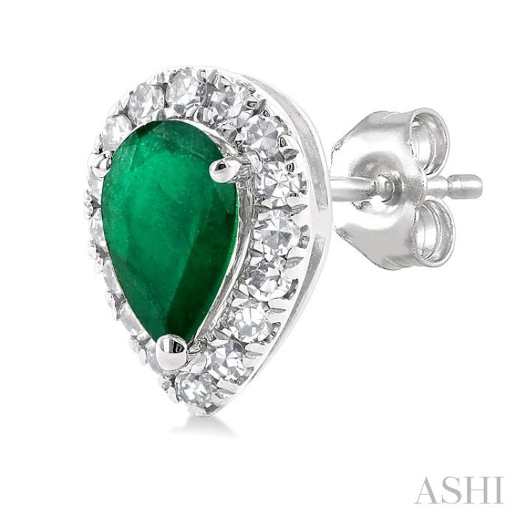 1/8 ctw Round Cut Diamond and 5X3MM Pear Cut Emerald Halo Precious Stud Earrings in 14K White Gold