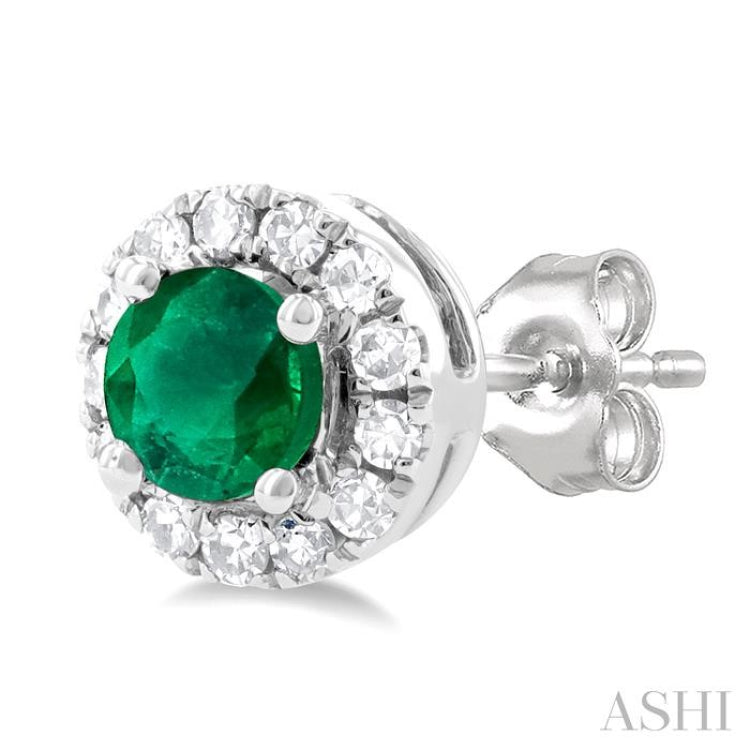 1/10 ctw Round Cut Diamond and 3.25MM Round Cut Emerald Halo Precious Stud Earrings in 14K White Gold