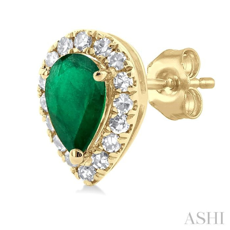 1/8 ctw Round Cut Diamond and 5X3MM Pear Cut Emerald Halo Precious Stud Earrings in 14K Yellow Gold