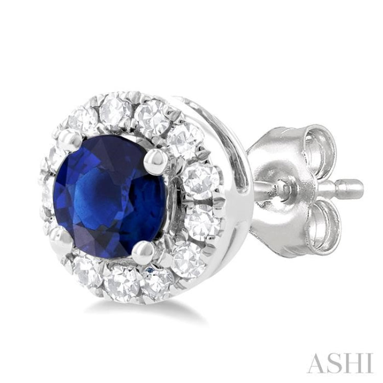 1/10 ctw Round Cut Diamond and 3.25MM Round Cut Sapphire Halo Precious Stud Earrings in 14K White Gold