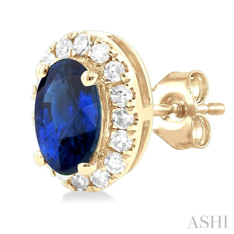 1/8 ctw Round Cut Diamond and 5X3MM Oval Shape Sapphire Halo Precious Stud Earrings in 14K Yellow Gold