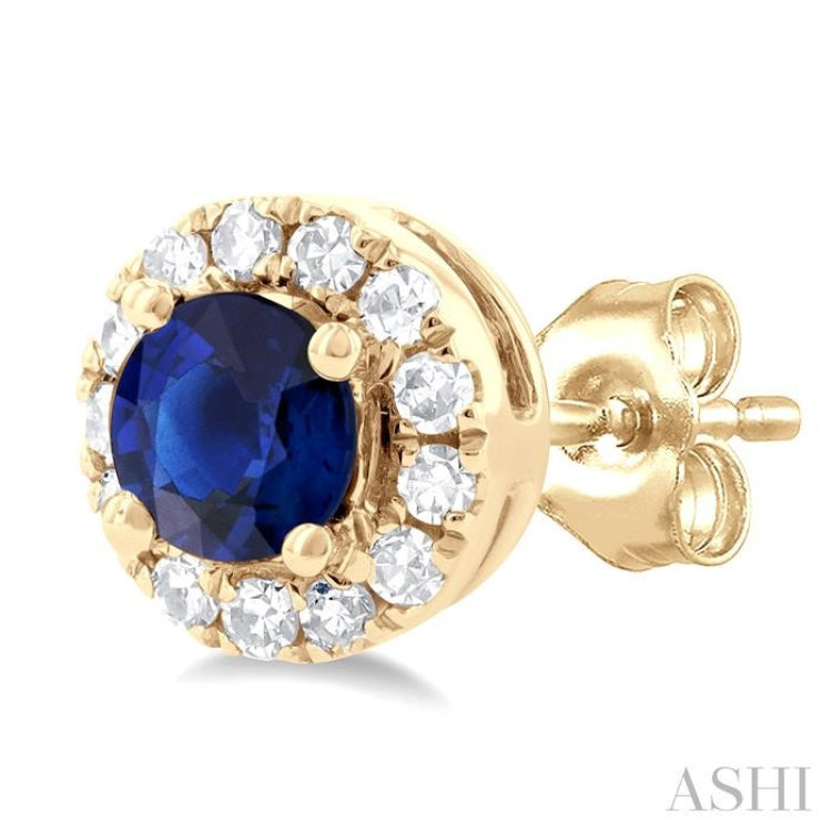 1/10 ctw Round Cut Diamond and 3.25MM Round Cut Sapphire Halo Precious Stud Earrings in 14K Yellow Gold